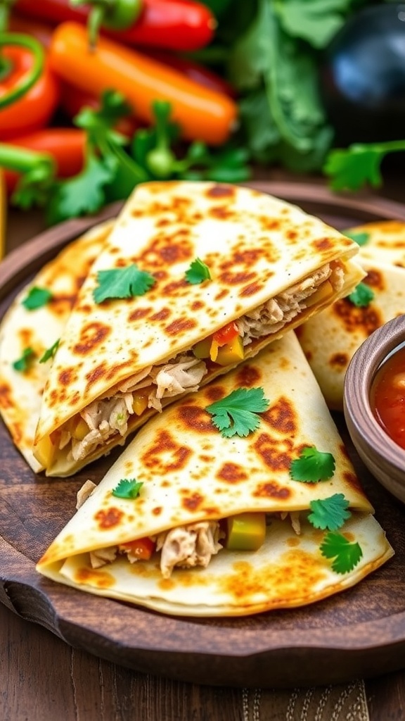 Whole30 chicken quesadilla sliced into wedges with bell peppers and cilantro on a wooden plate, served with salsa.
